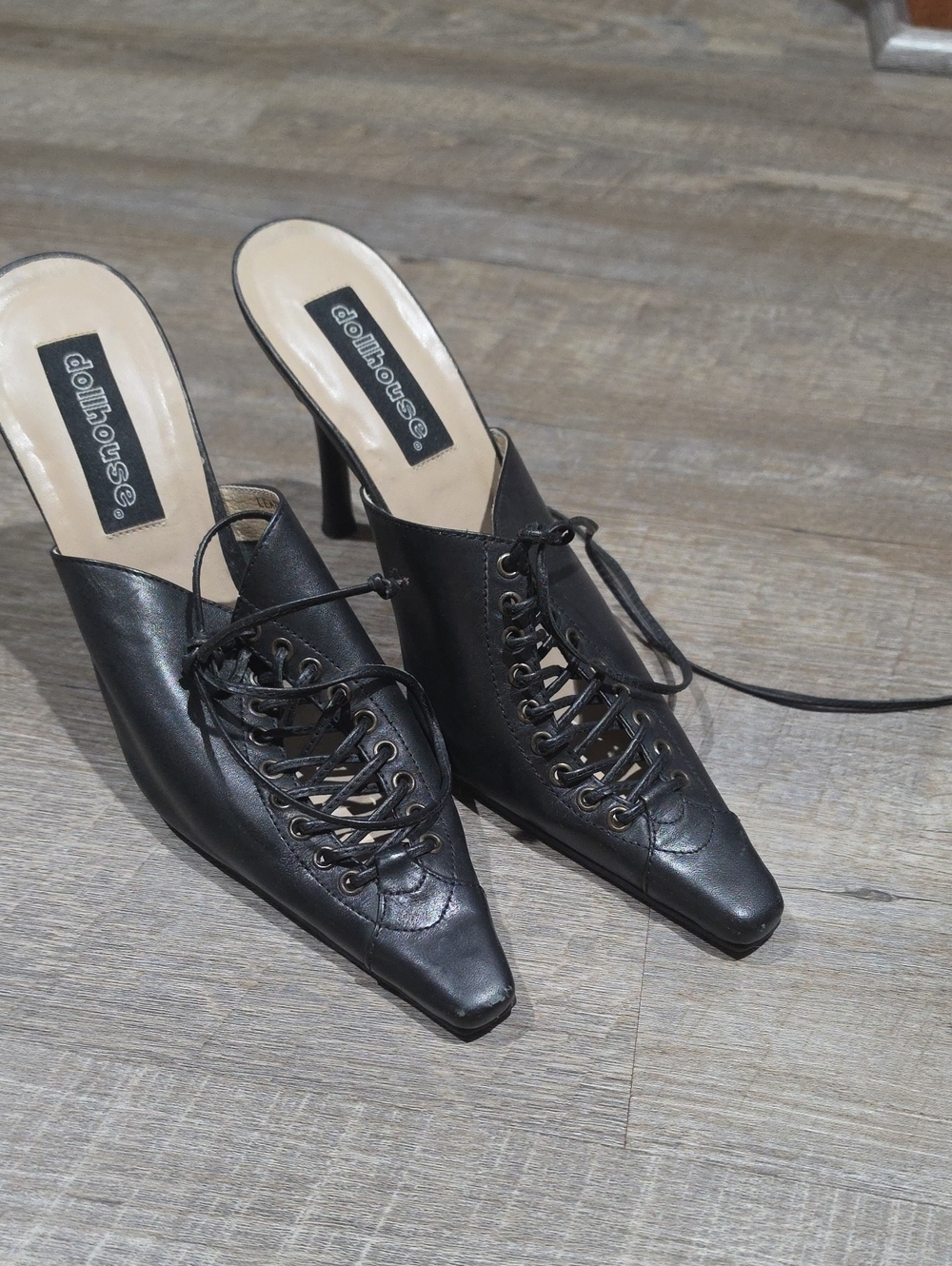 Dollhouse Black Lace-Up Pointed-Toe Mule Heels